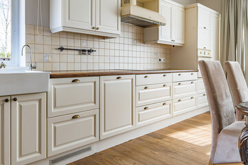 Modern luxury kitchen interior in minimal scandinavian style, 3d render