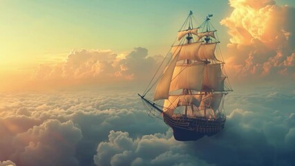Video with a sailing ship sailing on the clouds. Suitable for fantasy and adventure projects, as well as for advertising tourist services and entertainment.
