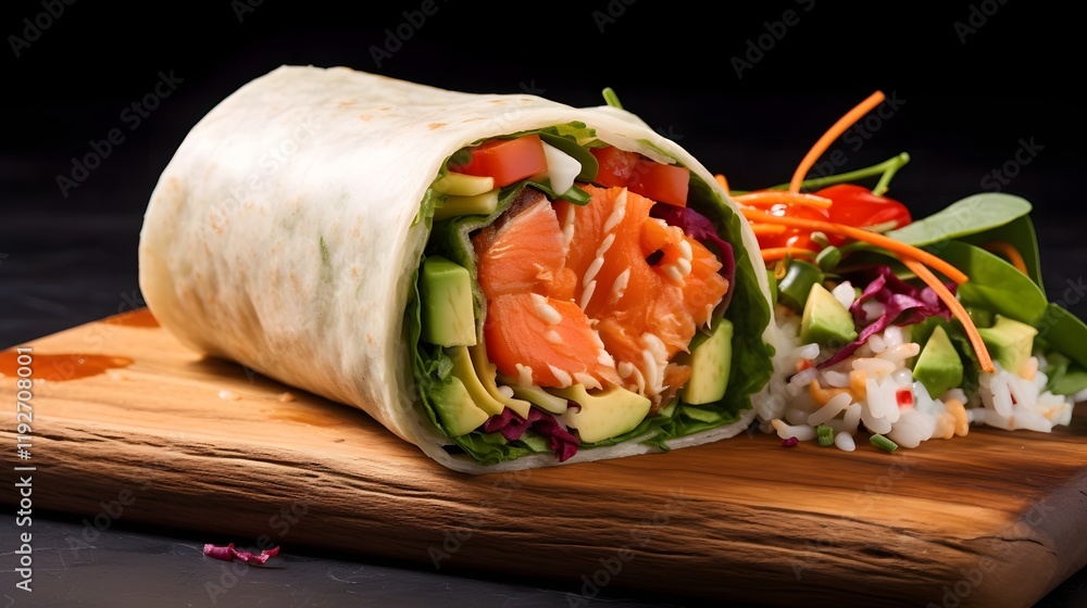 Poster a creative and nutritious salmon poke wrap filled with an array of fresh colorful ingredients like a
