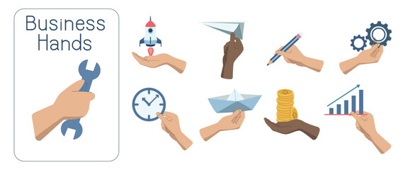Hand holding various business objects, wrench, rocket, paper airplane, pencil, gear, clock, paper boat, coins, bar graph, Hand drawn vector illustration isolated on white background.