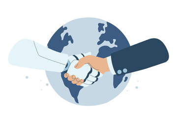 Handshake between human and robot on the world, Robotic AI and businessman shaking hands, Online collaboration between humans and artificial intelligence, Technological advancement, Vector design.