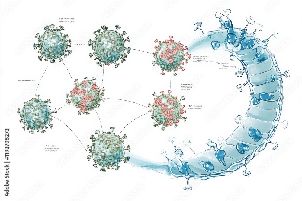 Aufkleber Visual representation of the lifecycle of a virus including penetration, replication, and spreading stages. Generative AI