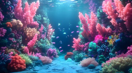 Obraz premium An otherworldly ocean scene with bioluminescent coral in shades of neon pink, blue, and green, casting an ethereal glow on the surrounding water. Vibrant, neon fish dart between the coral, adding 
