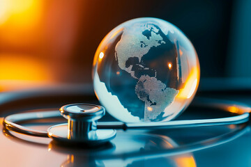 A glass sphere reflects a stethoscope, symbolizing healthcare and global wellness, with warm light creating an inviting atmosphere.