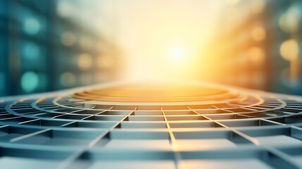 Golden light illuminates futuristic grid path. AI Generated