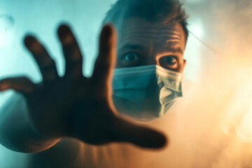 A masked individual reaches out through a hazy atmosphere, conveying themes of urgency and concern.