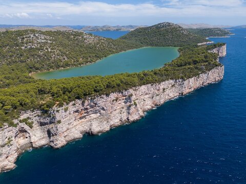 Aerial view of Lake Mir and cliffs in Telascica Nature Park, Croatia