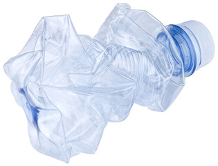 Crumpled plastic bottle isolated on a transparent background. Completely in focus. Focus stacking.