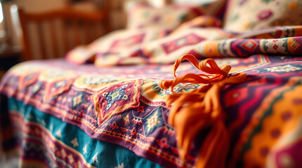 Fototapeta premium Vibrant Ethnic Bedding: Bohemian Tapestry Home Decor. Close-up view of richly colored, detailed textile with geometric patterns and ethnic designs, creating a cozy and luxurious bedroom interior.