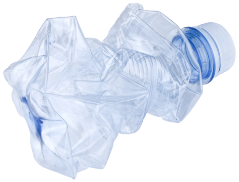 Crumpled plastic bottle isolated on a transparent background. Completely in focus. Focus stacking.