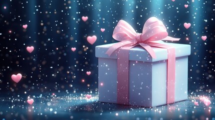 Gift Box with Pink Ribbon and Hearts in Soft Sparkling Light