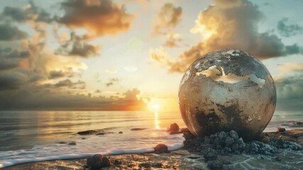 Video with sunset over the ocean and metal ball on the shore. Suitable for environmental projects, nature documentaries and advertising of tourist destinations.
