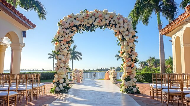 A floral arch adorned with blooms in carefully selected custom colors, matching the theme of the event. The delicate arrangement of flowers adds a personalized touch, creating a stunning and 