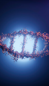 Floating DNA helix formed by a cloud of sparkling particles against a soft blue background, illustrating the concept of biotechnology and genetics.