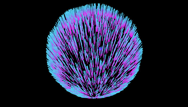 Illustration, A vibrant, abstract sphere composed of purple and cyan lines radiating outward against a black background, resembling a digital explosion or a dynamic energy burst.