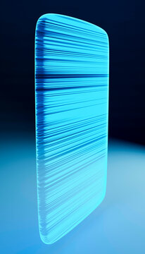 Illustration, Glowing blue book or device with pages or light beams  fanned out on a dark background.