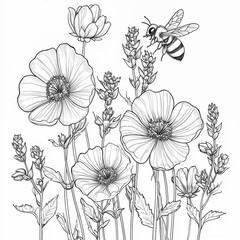 Coloring page, a hardworking bee collects nectar in a flowering field to make honey