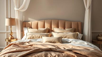 Luxury Beige Bedroom Interior Design: Calm and Serene Atmosphere, Elegant Decor, Cozy and Relaxing Ambiance