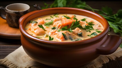 Delectable Creamy Salmon Chowder Served in a Rustic Ceramic Bowl Capturing the Essence of Comforting and Flavorful Cuisine