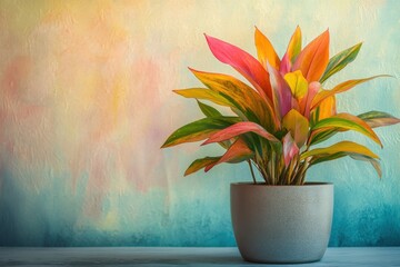 Colorful foliage of aglaonema plant in a ceramic pot against gradient background