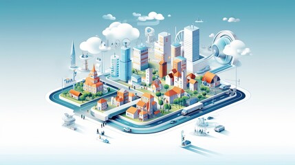 3d isometric smart city AI generated illustration. Energy power technology iot concept. Global network connection with engineering networks, green electric power