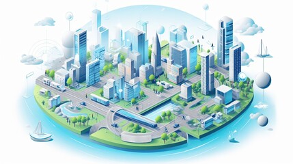 3d isometric smart city AI generated illustration. Energy power technology iot concept. Global network connection with engineering networks, green electric power