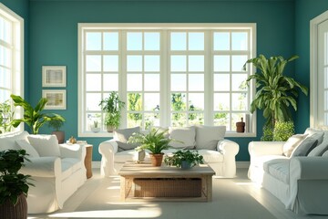 Fototapeta premium Sunlit living room with white sofas and abundant greenery in front of large windows