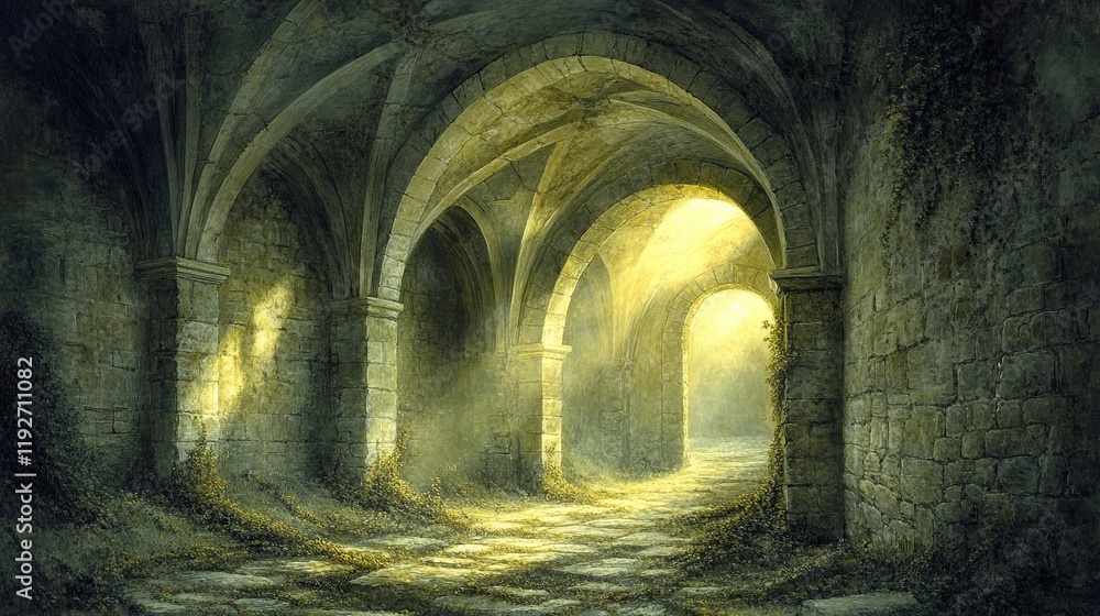 Aufkleber mysterious old stone corridor with arches illuminated by soft golden light in a tranquil forest sett