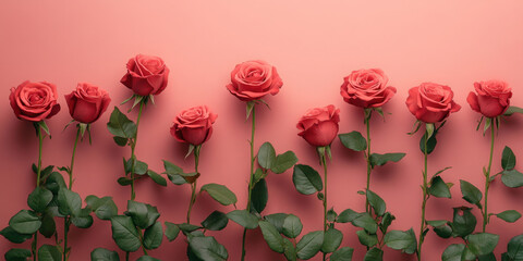 Roses in row with green leaves against coral background create vibrant floral display. This arrangement evokes feelings of love and beauty, perfect for any occasion
