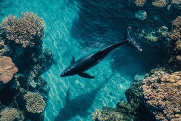 Fototapeta premium Underwater view of a dolphin swimming gracefully through a vibrant coral reef in crystal-clear waters. Generative AI