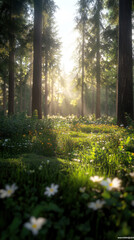 Obraz premium Bright spring woodland, fresh leaves, sunrays through tall trunks, wildflowers carpeting the forest floor