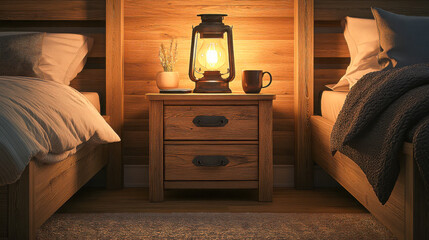 Cozy cabin interior featuring a lantern on a bedside table between two beds with warm lighting and rustic decor