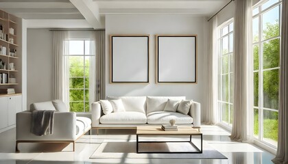 Fototapeta premium minimalist living room bathed in natural light from a large window. Frame mockup, Living room wall poster mockup. Interior mockup with house background. Modern interior design. 