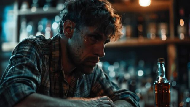 Video of a man sitting in a bar with a bottle of beer. Ideal for social campaigns, drinks advertising, psychological counselling.
