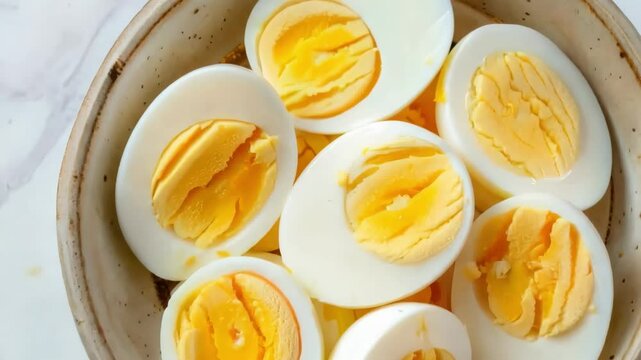 Closeup of sliced hardboiled eggs in a bowl captured in sequence