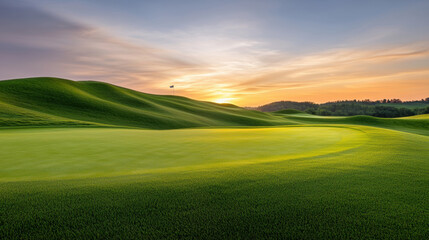 Obraz premium Rolling green hills with golf course flag at sunset create serene landscape. vibrant colors and gentle curves evoke sense of tranquility and beauty