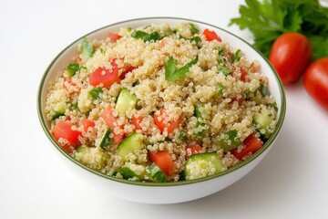 Quinoa salad with fresh cucumbers, tomatoes, and parsley, served in a bowl on a white background