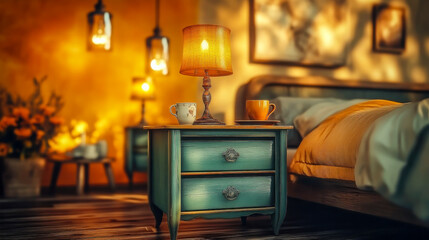 Cozy bedroom setting with warm lighting and vintage furniture in a softly illuminated atmosphere
