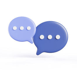 3d blue speech bubbles with ellipsis, chat icons for text, message, dialog render. Circle talk boxes with points for conversation, comment, quotes isolated on white background. 3D illustration