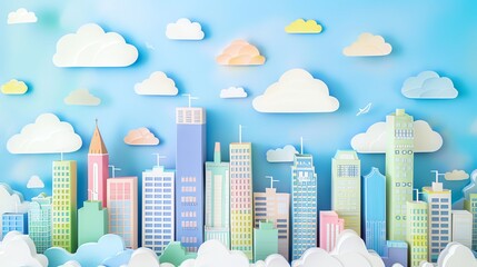 A paper craft cityscape against a blue background.