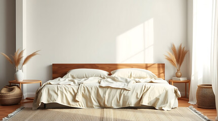 Calming Minimalist Bedroom Interior Design: Beige and Cream Decor, Natural Light, and Wooden Accents
