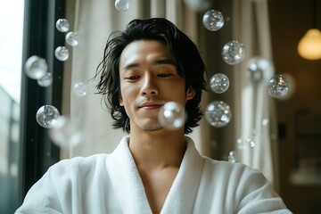 A man blowing bubbles in spa.