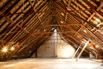 Interior view of an empty attic with exposed wooden beams and a bright illuminated wall at the center, Berlin, Germany