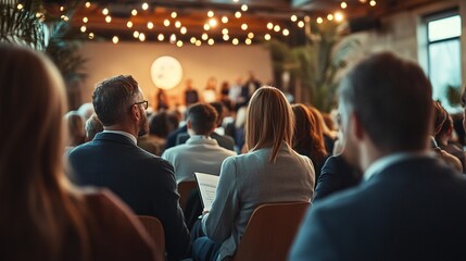 Group of business people sitting and listening to presentation in conference hall. Audience in conference hall.