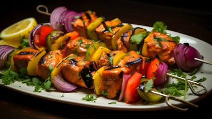 Delectable Grilled Salmon Skewers Served on a Platter with an Assortment of Perfectly Roasted and Seasoned Vegetables Capturing the Essence of Summertime Outdoor Dining and Culinary Delight