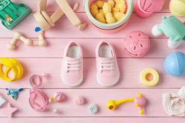 Baby shower items including shoes and accessories on a pastel pink wooden background. AI generated image