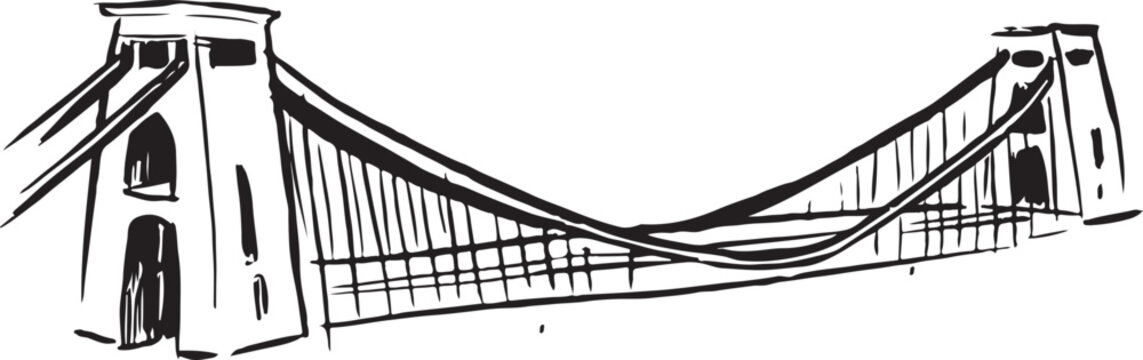 Clifton Suspension Bridge, Bristol, England black and white ink sketch. Iconic Victorian engineering landmark with design spanning the Avon Gorge. Perfect for tourism, travel, and cultural heritage