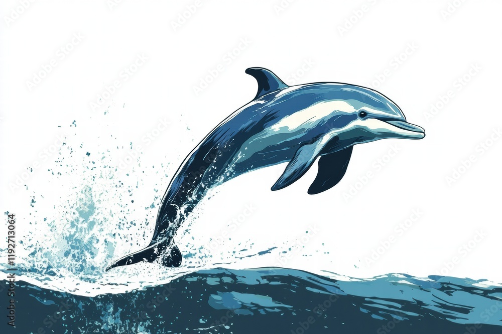 Poster Dolphin leaps from the ocean waves under a clear sky during daytime aquatic adventure. Generative AI