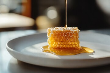 Golden honeycomb drizzled with honey on a white plate, illuminated by soft natural light with a blurred background