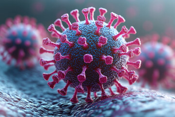 Microscopic view of virus with spikes, showcasing its structure and detail. This highlights intricate design of viral particles, emphasizing their complexity and potential impact on health